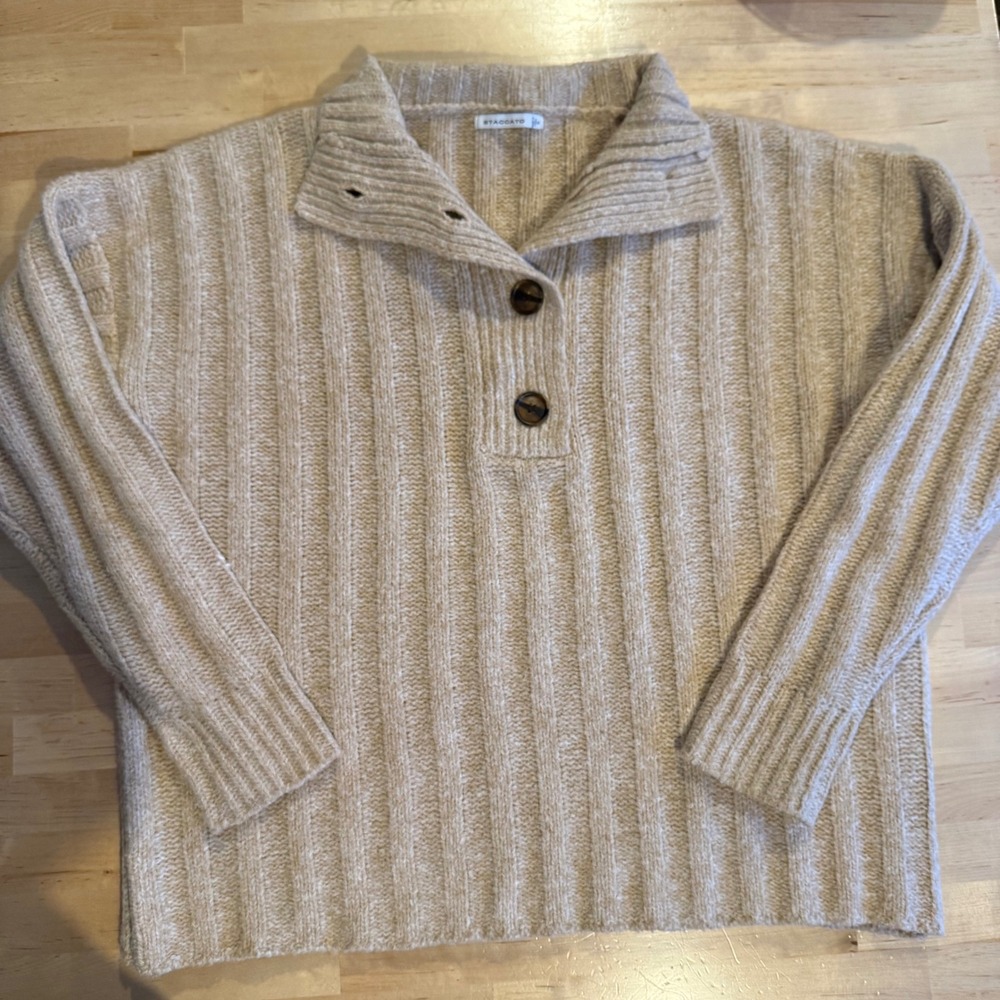 Staccato Womens Ribbed Knit Button Collar Sweater Oatmeal Beige Size S 53488